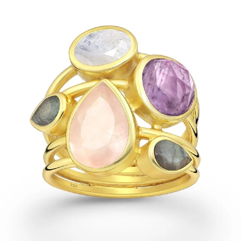 Agate Gemstone Rings with a Banded and Textured DesignSterling Silver 18kt Gold Plated Pink Purple Stone CZ Mix Multi-Band Geometric Statement Ring