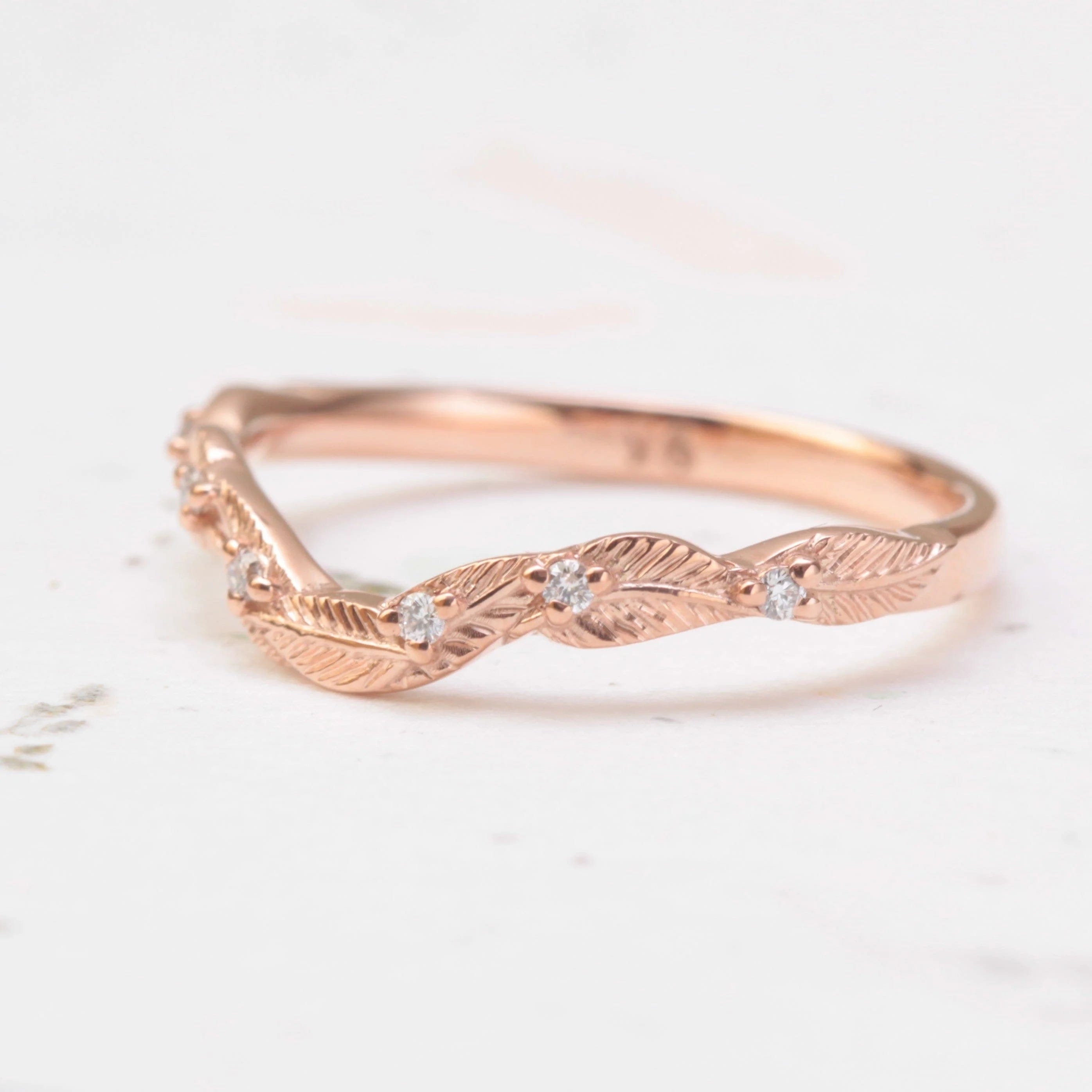 Laser - Cut Wedding Bands with Intricate Geometric PatternsCurved Diamond Leaf Wedding Ring