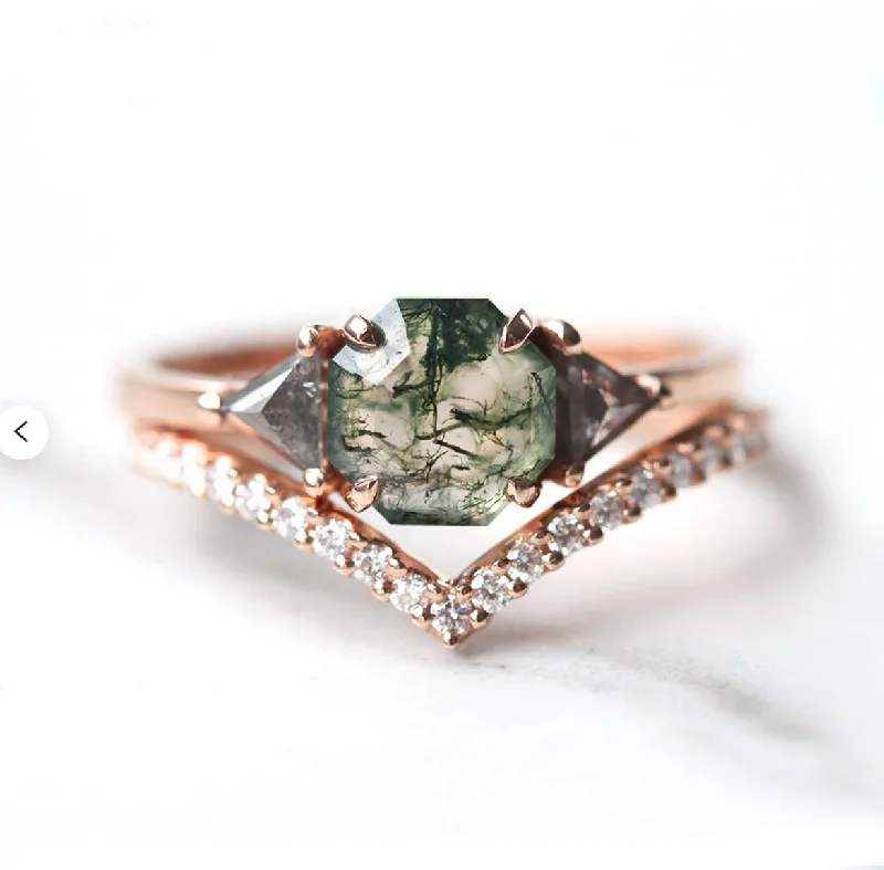 Matching Set Wedding Bands with Interlocking DesignsSasha Octagon Moss Agate Ring with Diamond Band