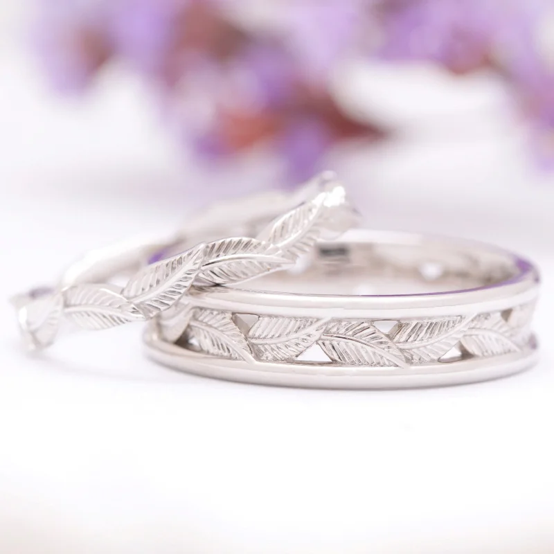 Laser - Cut Wedding Bands with Intricate Geometric PatternsEternity Leaf Wedding Ring Set