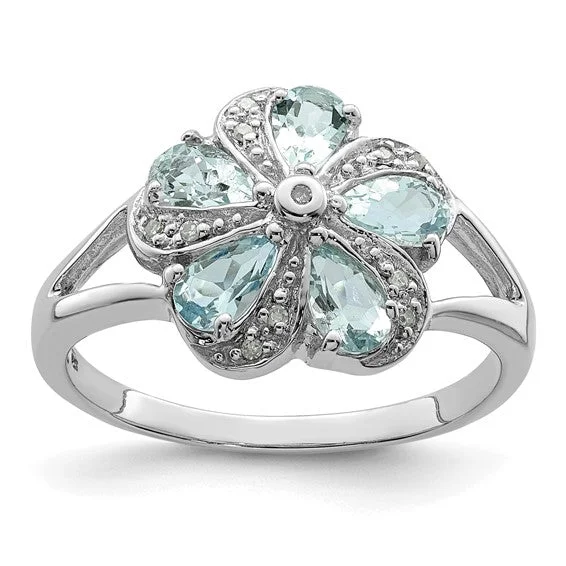 Aquamarine Gemstone Rings with a Nautical - Themed SettingSterling Silver Genuine Aquamarine Diamond Flower Ring