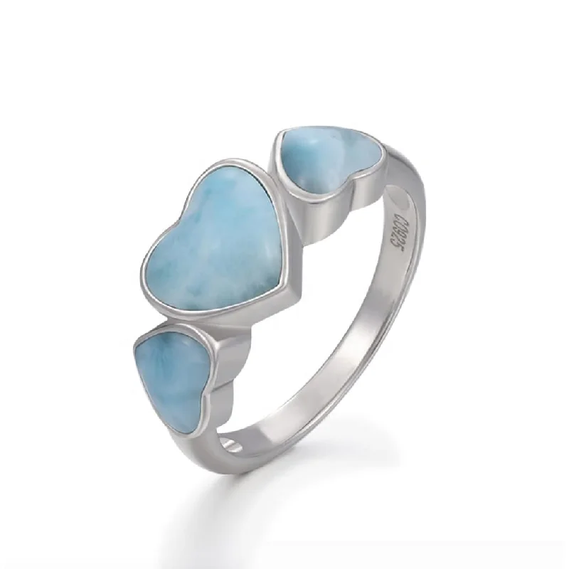 Tanzanite Gemstone Rings with Platinum Milgrain DetailingSky Blue Larimar & Sterling Silver Triple-Heart Ring