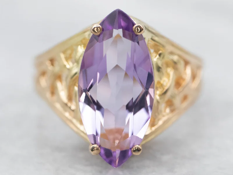 Amethyst Gemstone Rings with Sterling Silver Braided BandsYellow Gold Marquise Cut Amethyst Solitaire Ring