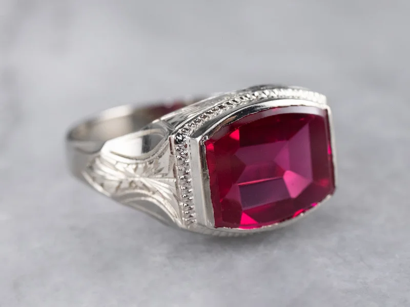 Tanzanite Gemstone Rings with Platinum Milgrain DetailingEast to West Art Deco Synthetic Ruby White Gold Ring