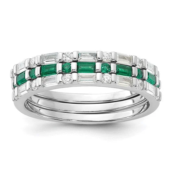 Malachite Gemstone Rings with a Marble - like PatternSterling Silver Imitation Emerald and CZ 3 Ring Set