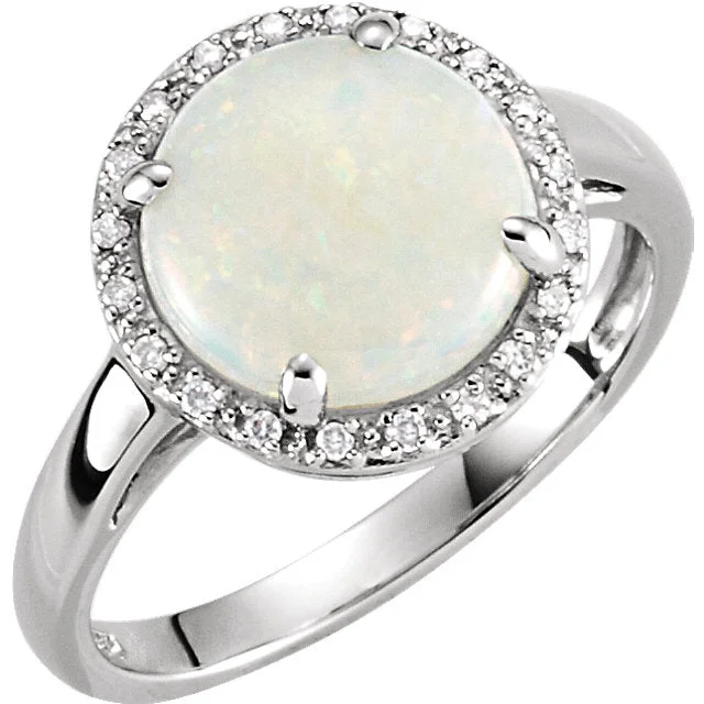 Peridot Gemstone Rings with a Floral - Motif Band14k White Gold Genuine 10mm Australian Opal & .07 CTW Diamond Halo Ring