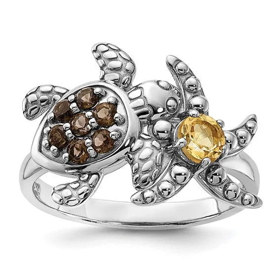 Aquamarine Gemstone Rings with a Nautical - Themed SettingSterling Silver Smoky Quartz and Citrine Turtle and Starfish Ring