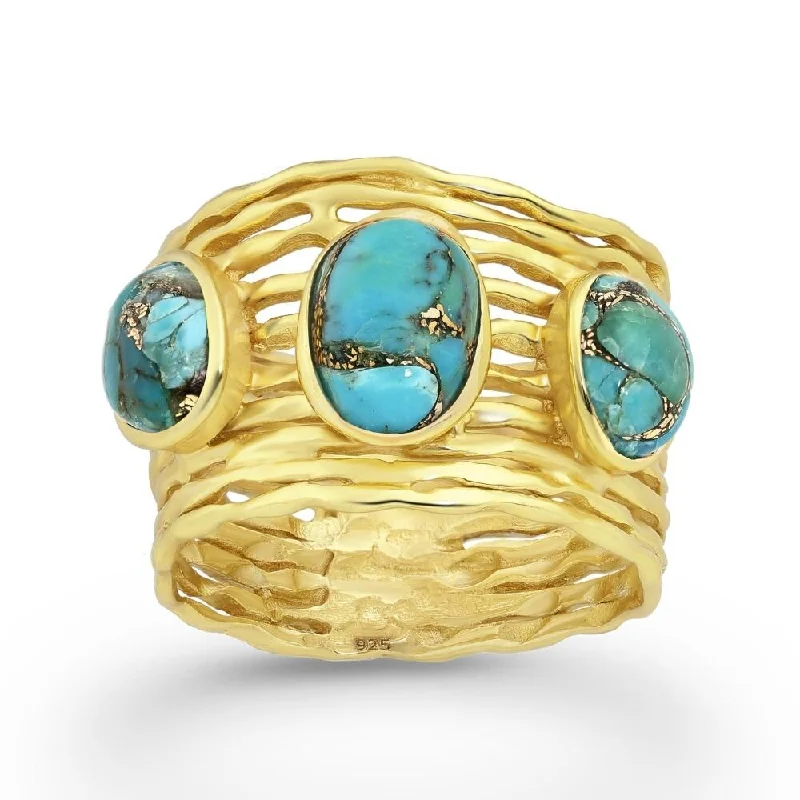 Jade Gemstone Rings with Intricate CarvingsSterling Silver 18kt Gold Plated Multi-Band Triple Turquoise Oval Statement Ring