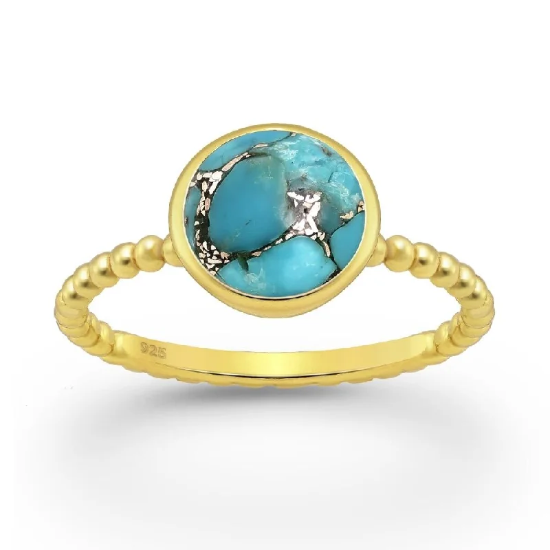 Malachite Gemstone Rings with a Marble - like PatternSterling Silver 18kt Gold Plated Beaded Band & Turquoise Circular Ring