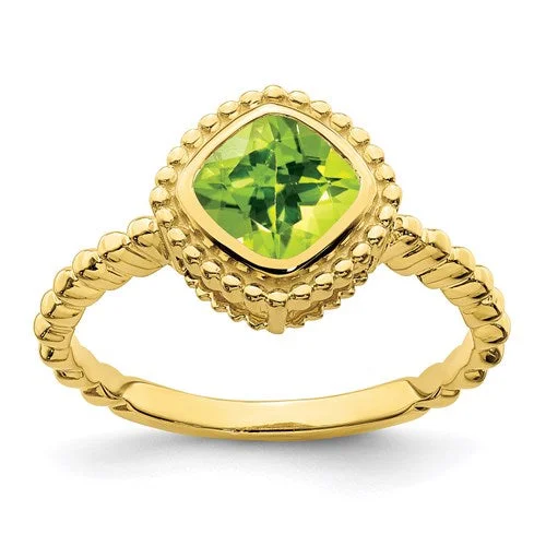 Sapphire Gemstone Rings in a Victorian - Inspired Design10k or 14k Yellow Gold Cushion Peridot Bezel Set Beaded Design Ring