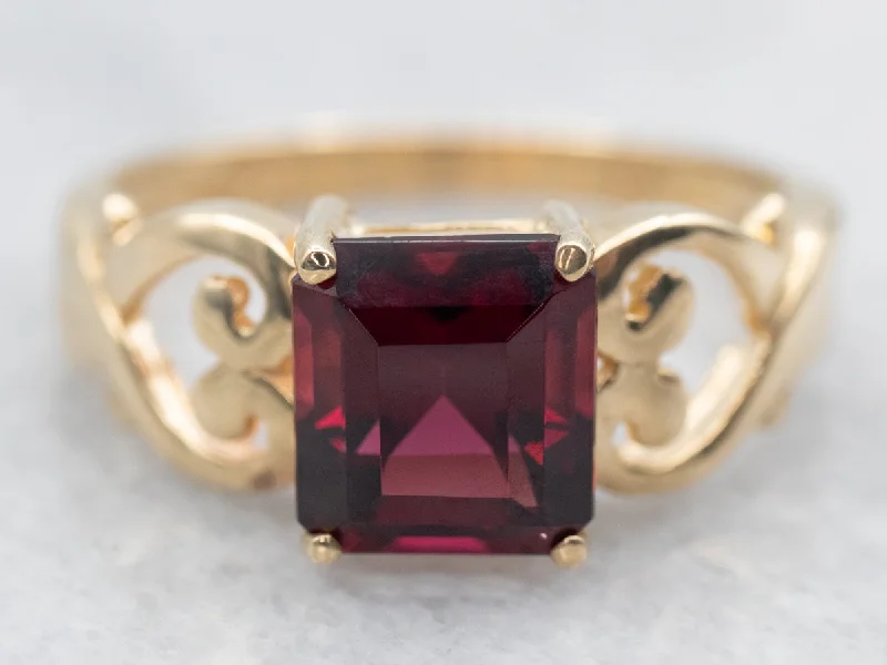 Agate Gemstone Rings with a Banded and Textured DesignYellow Gold Rhodolite Garnet Solitaire Ring with Heart Shoulders