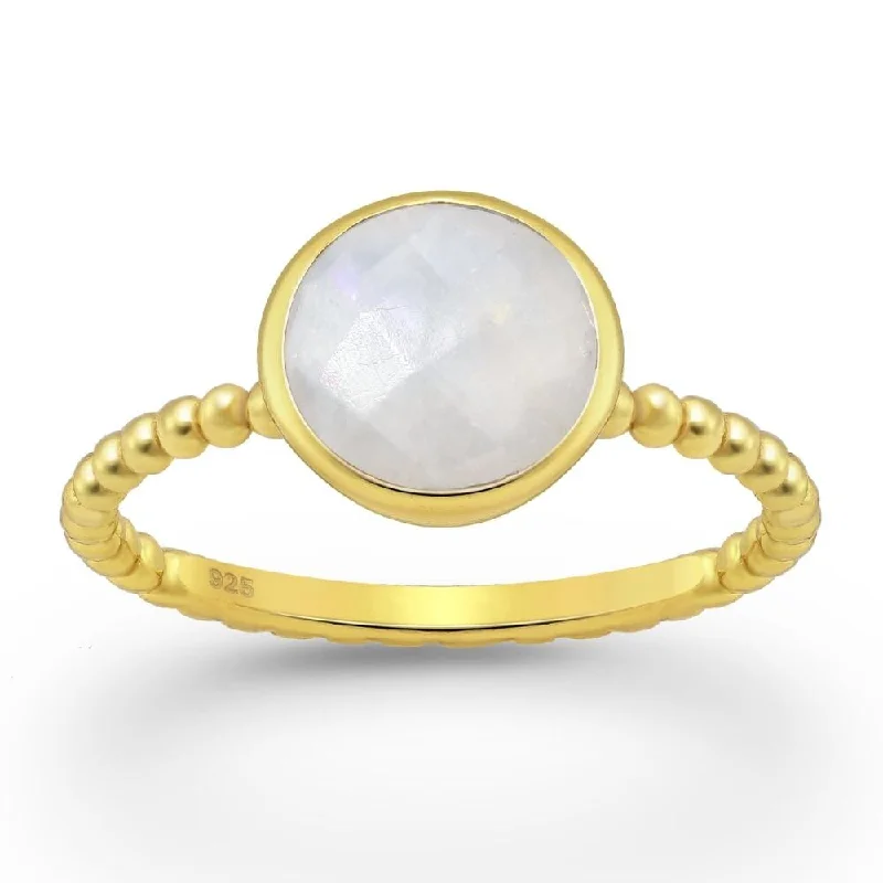 Emerald Gemstone Rings with Diamond - Encrusted HalosSterling Silver 18kt Gold Plated Beaded Band & Circular Rainbow Moonstone Ring