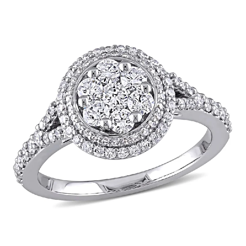 Platinum Engagement Rings with Milgrain Edges1ct TDW Diamond Flower Double Halo Engagement Ring in 14k White Gold by The Miadora Signature Collec