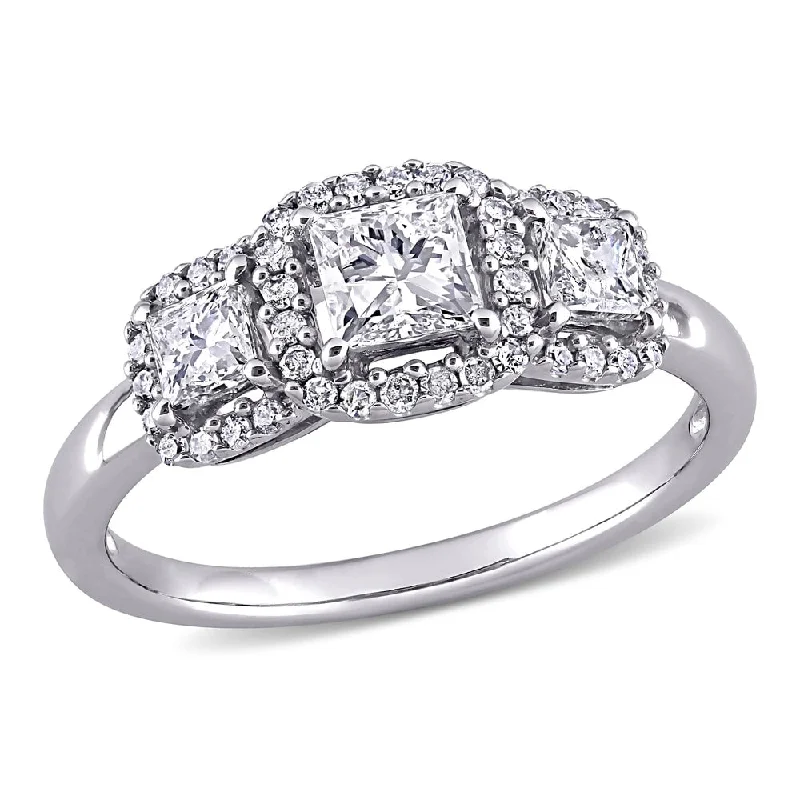 Pear - Shaped Engagement Rings with Twisted Shank DesignsMiadora 10k White Gold 1ct TDW Princess-cut Diamond 3-Stone Halo Engagement Ring