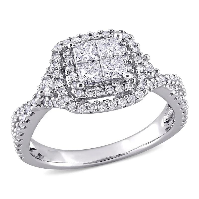 Engagement Rings with a Cathedral - Style Basket SettingMiadora 10k White Gold 1ct TDW Princess-cut Quad Diamond Crossover Halo Engagement Ring