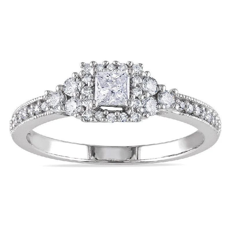 Emerald - Cut Engagement Rings with Trapezoid Side StonesMiadora 14k White Gold 1/2ct TDW Certified Diamond Halo Engagement Ring