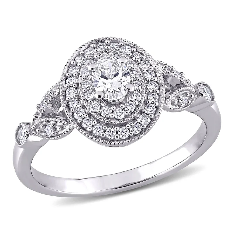 Engagement Rings with a Hidden Halo and Pavé - Set BandMiadora 14k White Gold 1/2ct TDW Oval Diamond Double Halo Engagement Ring