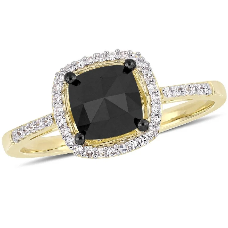 Cushion - Shaped Engagement Rings with Bead - Set DiamondsMiadora 14k Yellow Gold with Black Rhodium 1ct TDW Black and White Diamond Halo Engagement Ring