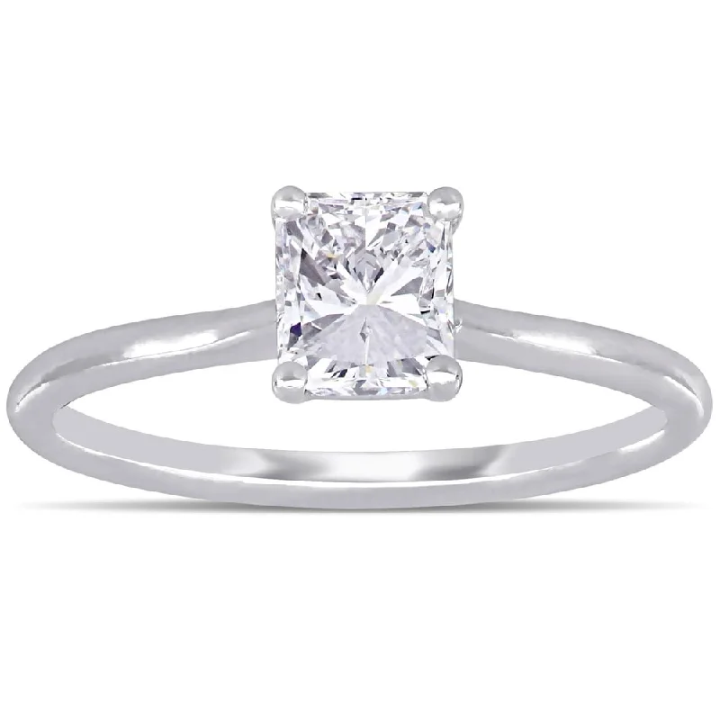 Engagement Rings with a Hidden Halo and Pavé - Set BandMiadora 18k White Gold 1ct TDW Radiant-Cut Diamond Solitaire Engagement Ring