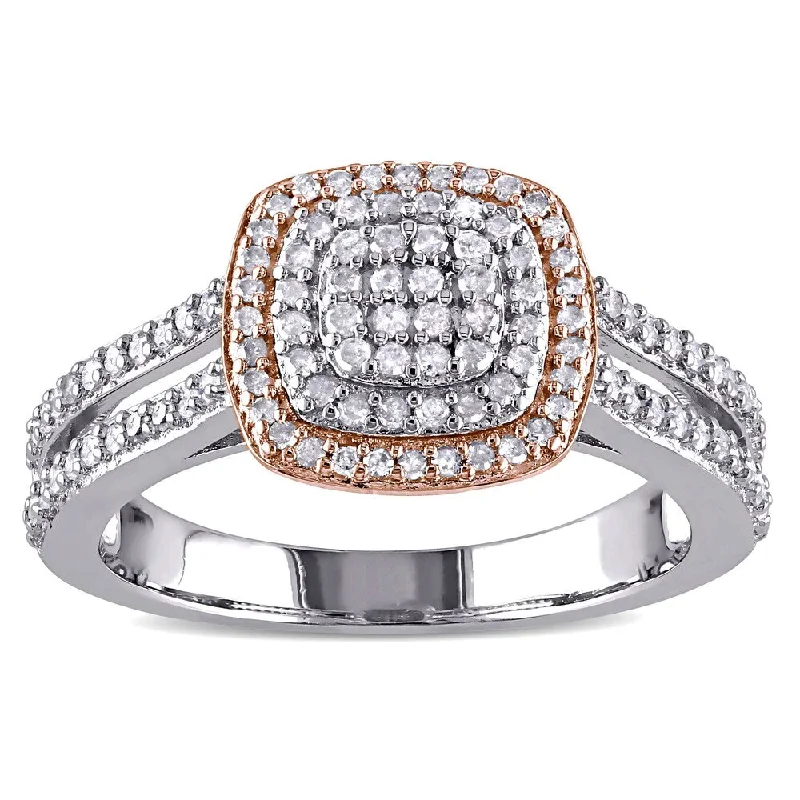 Rose - Cut Diamond Engagement Rings with a Rustic CharmMiadora 2-Tone White and Rose Plated Sterling Silver 1/2ct TDW Diamond Grid Halo Split Shank Engagement Ring (I-J, I3-I4)