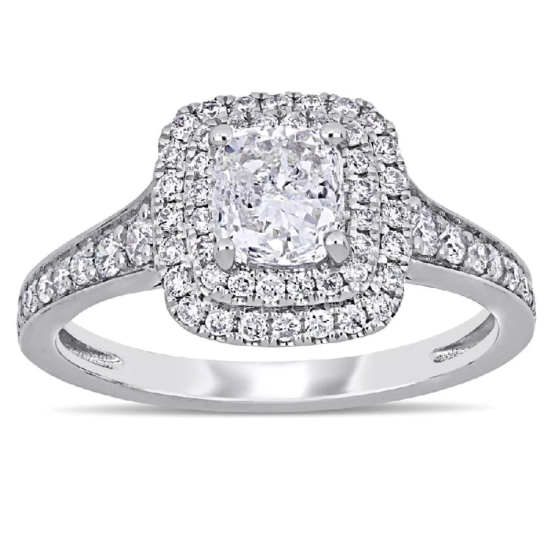 Art Nouveau - Inspired Engagement Rings with Organic MotifsMiadora Signature Collection 14k White Gold 1 1/2ct TDW Cushion Diamond Double Square Halo Engagement Ring