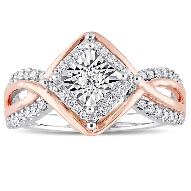 Engagement Rings with a Hidden Halo and Pavé - Set BandMiadora Signature Collection 2-Tone 10k White and Rose Gold 1/4ct TDW Diamond Crossover Engagement R