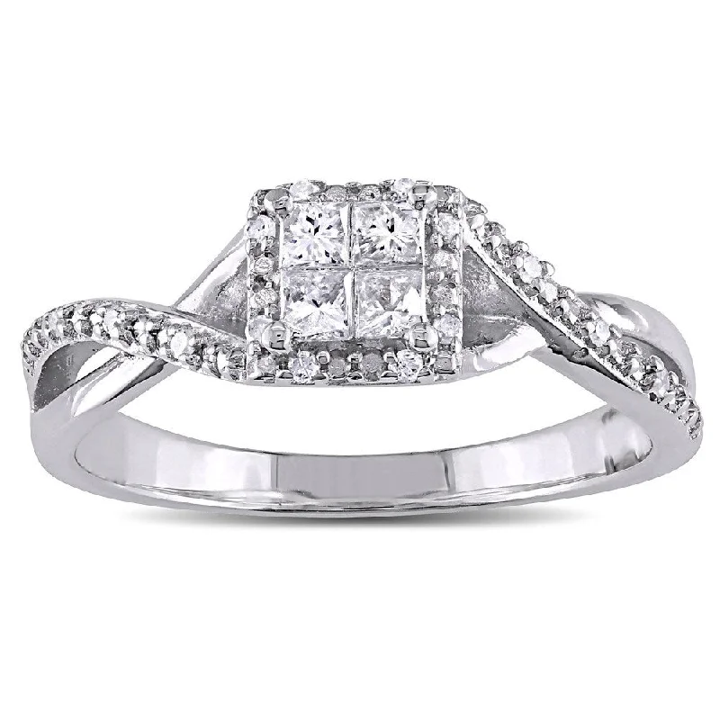 Cushion - Shaped Engagement Rings with Bead - Set DiamondsMiadora Sterling Silver 1/4ct TDW Princess-cut Diamond Crossover Halo Engagement Ring