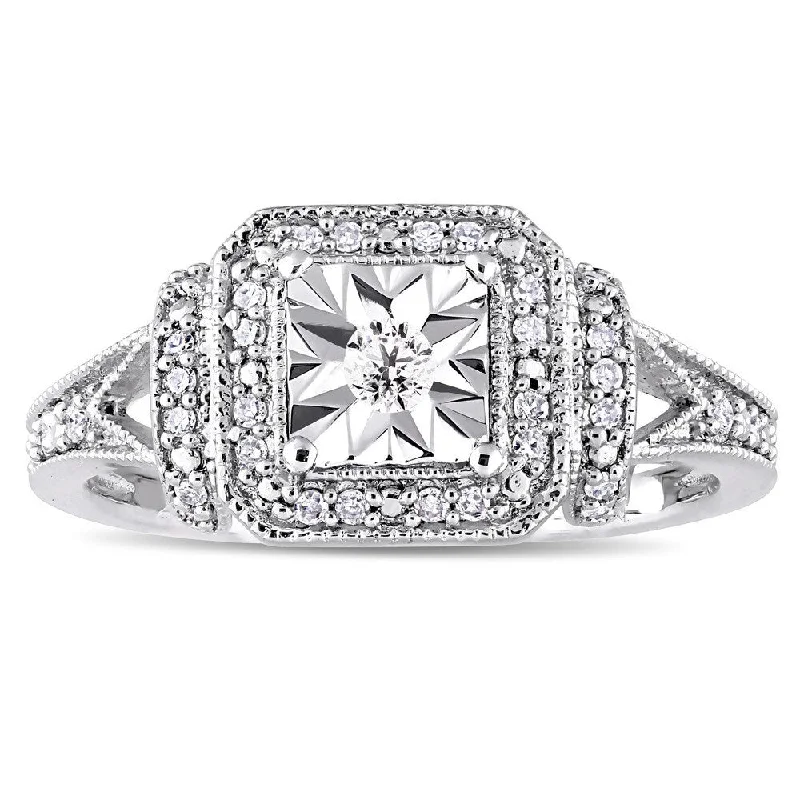 Cushion - Shaped Engagement Rings with Bead - Set DiamondsMiadora Sterling Silver 1/5ct TDW Diamond Square Halo Engagement Ring - White