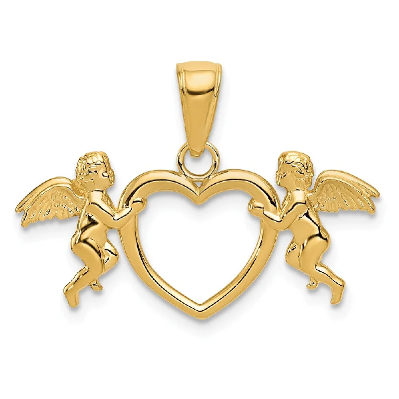 Hand - Carved Wooden Pendants with Folk - Art Motifs14k Yellow Gold Flying Cherubs Holding-Heart Pendant, 28mm