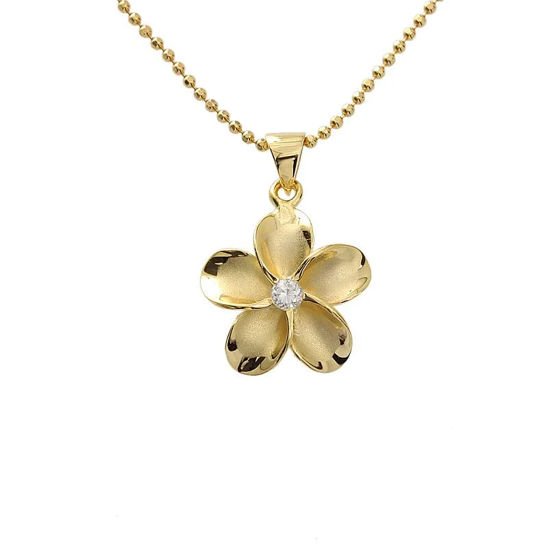 Medallion - Pendant Necklaces with Intricate Relief - Style ArtworkSterling Silver Yellow Gold Plated Plumeria with CZ Pendant (M/L/XL) (Chain Sold Separately)