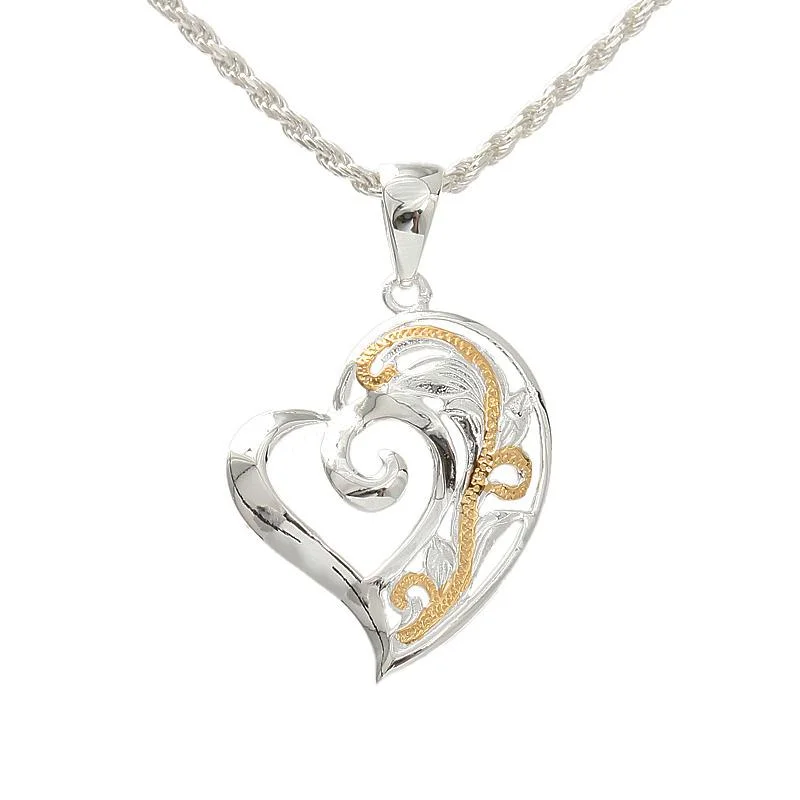 Sterling Silver Two Tone Yellow Gold Plated Hawaiian Scroll See Through Heart Pendant (Chain Sold Separately)