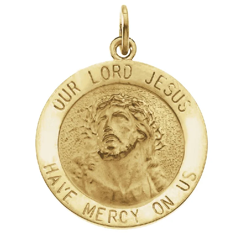 Opal - Set Pendants with Iridescent Fire - Opal Centers14k Yellow Gold Round Our Lord Jesus Medal Charm or Pendant