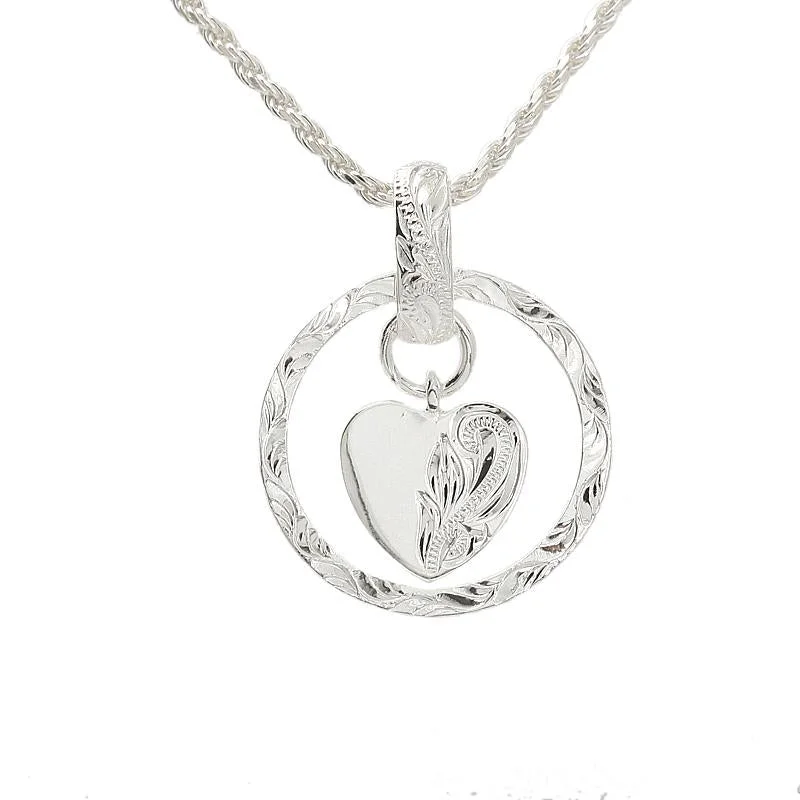 Sterling Silver Hawaiian Scroll Heart in Circle Pendant (Chain Sold Separately)