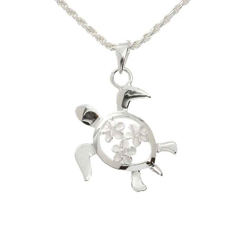 Sterling Silver Honu (Hawaiian Turtle) and 3 Plumeria with CZ Pendant (Chain Sold Separately)