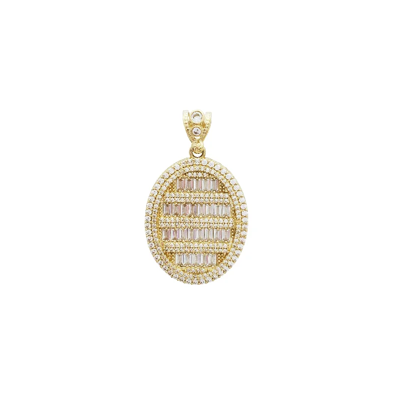 Leather - Wrapped Pendants with Brass Stud EmbellishmentsIced-Out CZ Baguette & Round Stone Oval Shape Pendant (14K)