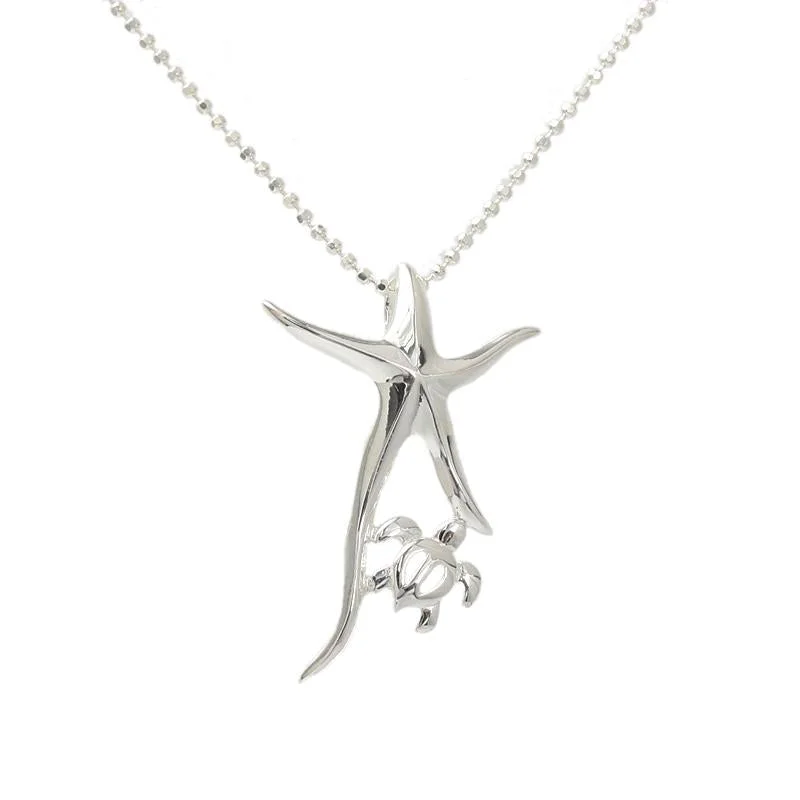 Sterling Silver Starfish and Honu (Hawaiian Turtle) Pendant (Chain Sold Separately)