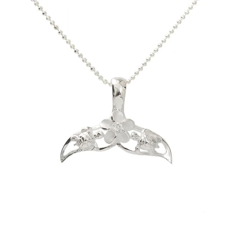 Sterling Silver 2 Honu (Turtle) and Plumeria with CZ in Whale Tail Pendant (Chain Sold Separately)